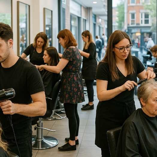 A busy high street hair salon hair dressers