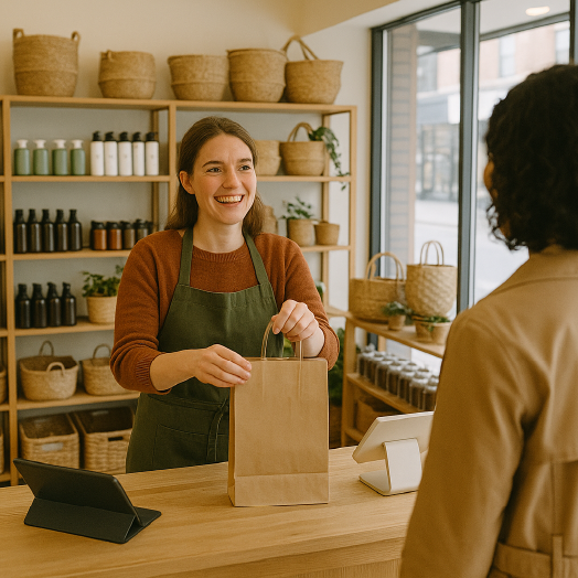A high street shop worker helping bag an item for a customer