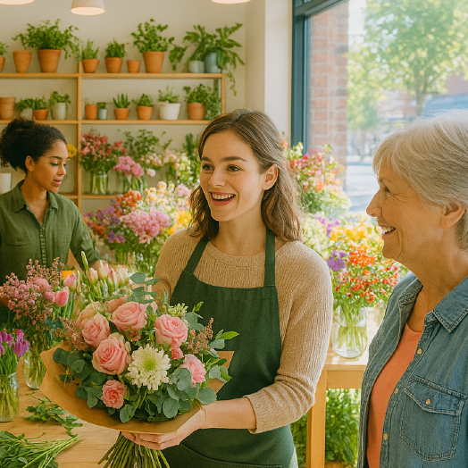 A worker in a florist helping a customer with a flower arrangement